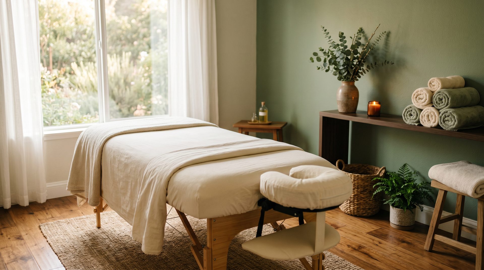 Serene sunlit massage treatment room at Sierra Foothill Massage in Folsom