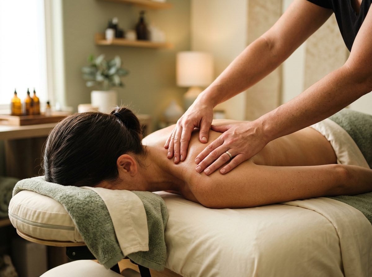 Therapist performing deep tissue massage on a client's shoulders at Sierra Foothill Massage
