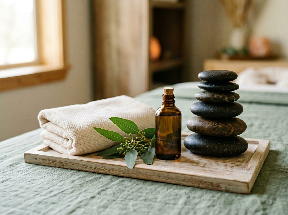 Warm basalt stones, towels and massage oil at Sierra Foothill Massage